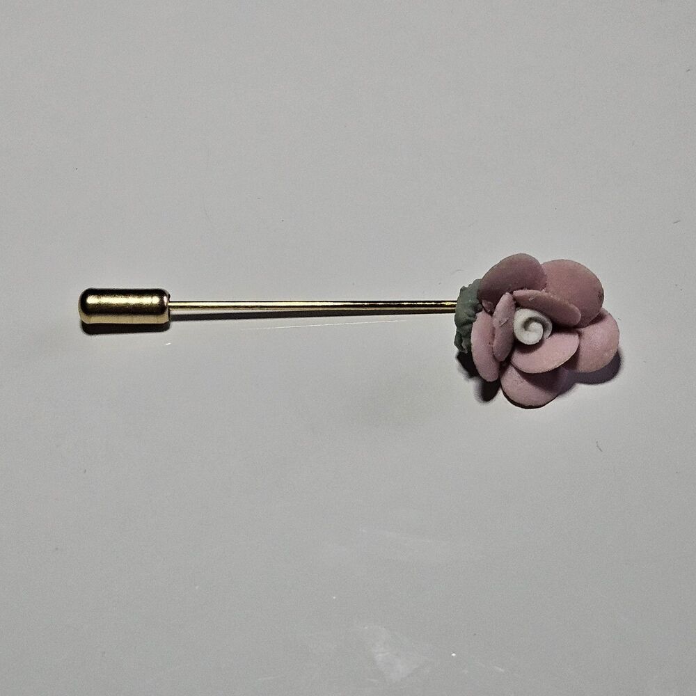 Vintage Pink Rose Stick Pin Porcelain Flower Gold Tone Metal
